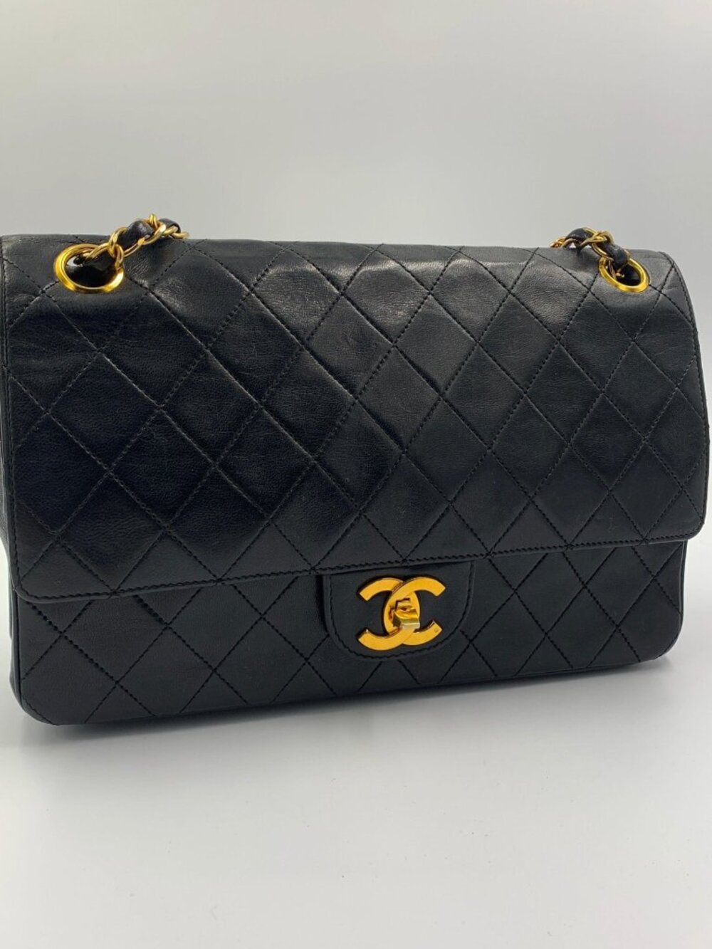 CHANEL MATELASSE TURN LOCK DOUBLE FLAP BLK ON BLCK GOLD HARDWARE